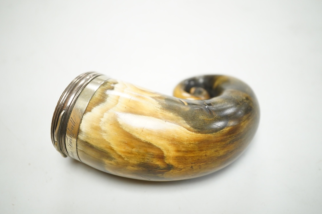 A 19th century Scottish white metal mounted horn snuff mull, engraved 'John Turnbull' 85mm, (a.f.).